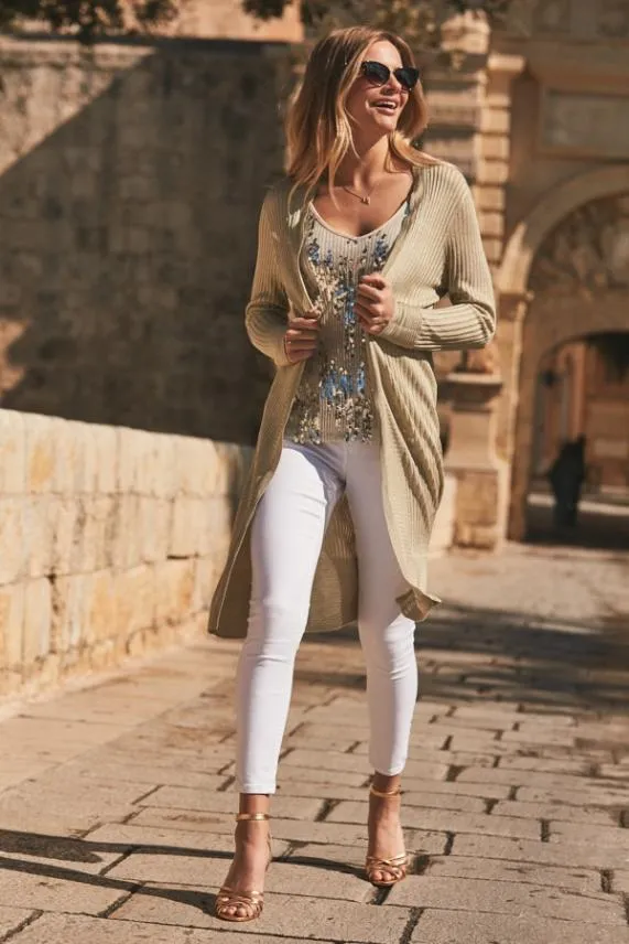 Sosandar Champagne Gold Super Soft Ribbed Maxi Cardigan Women Knitwear