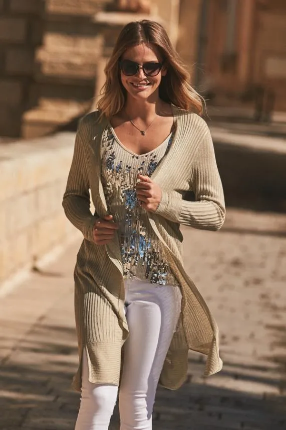 Sosandar Champagne Gold Super Soft Ribbed Maxi Cardigan Women Knitwear