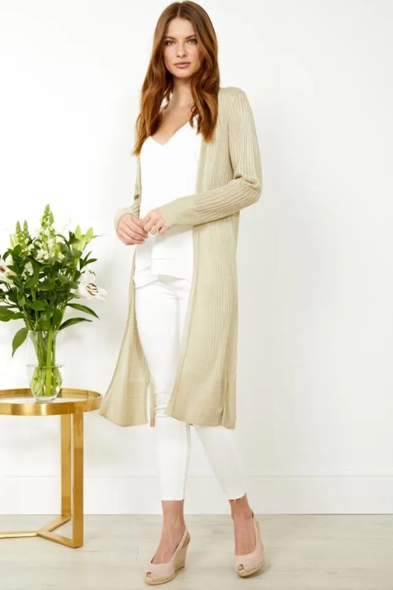 Sosandar Champagne Gold Super Soft Ribbed Maxi Cardigan Women Knitwear