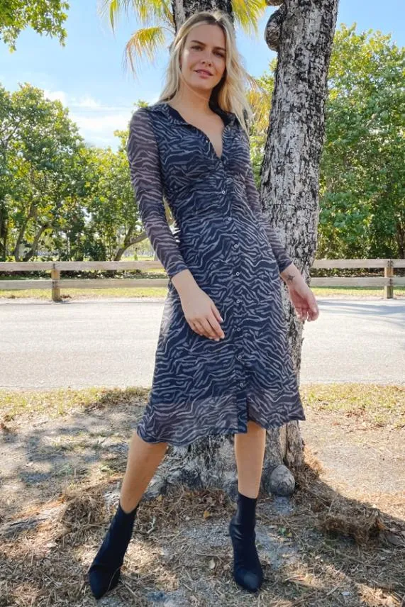 Sosandar Charcoal Grey Zebra Print Mesh Shirt Dress Charcoal Grey Women Dresses