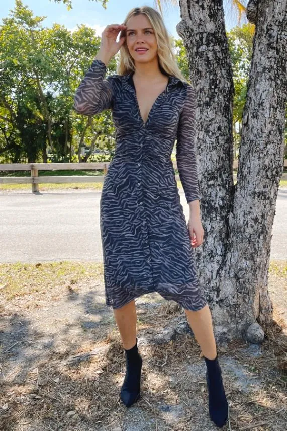 Sosandar Charcoal Grey Zebra Print Mesh Shirt Dress Charcoal Grey Women Dresses