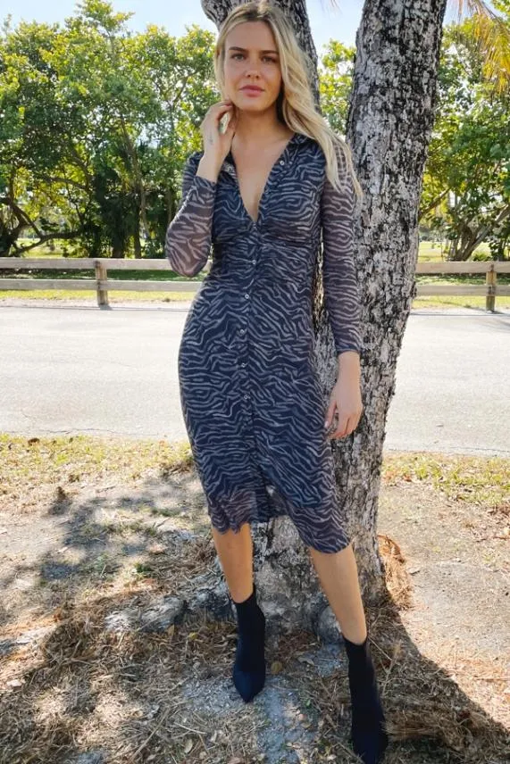 Sosandar Charcoal Grey Zebra Print Mesh Shirt Dress Charcoal Grey Women Dresses