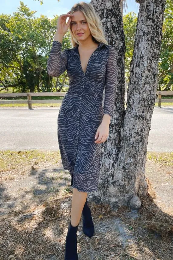 Sosandar Charcoal Grey Zebra Print Mesh Shirt Dress Charcoal Grey Women Dresses