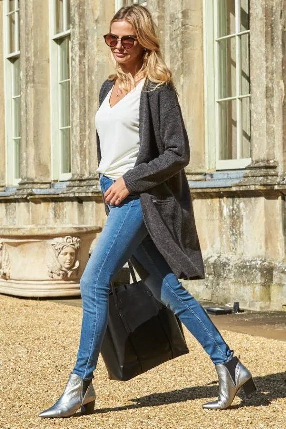 Sosandar Charcoal Longline Zip Pocket Cardigan Women Knitwear