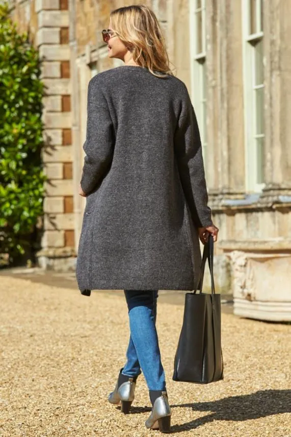 Sosandar Charcoal Longline Zip Pocket Cardigan Women Knitwear