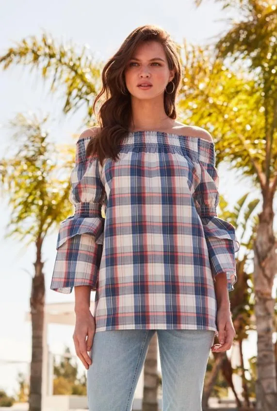 Sosandar Checked Bardot Top Women Tops