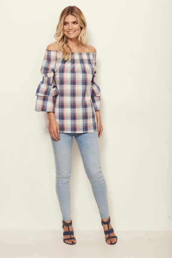 Sosandar Checked Bardot Top Women Tops