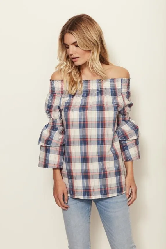 Sosandar Checked Bardot Top Women Tops