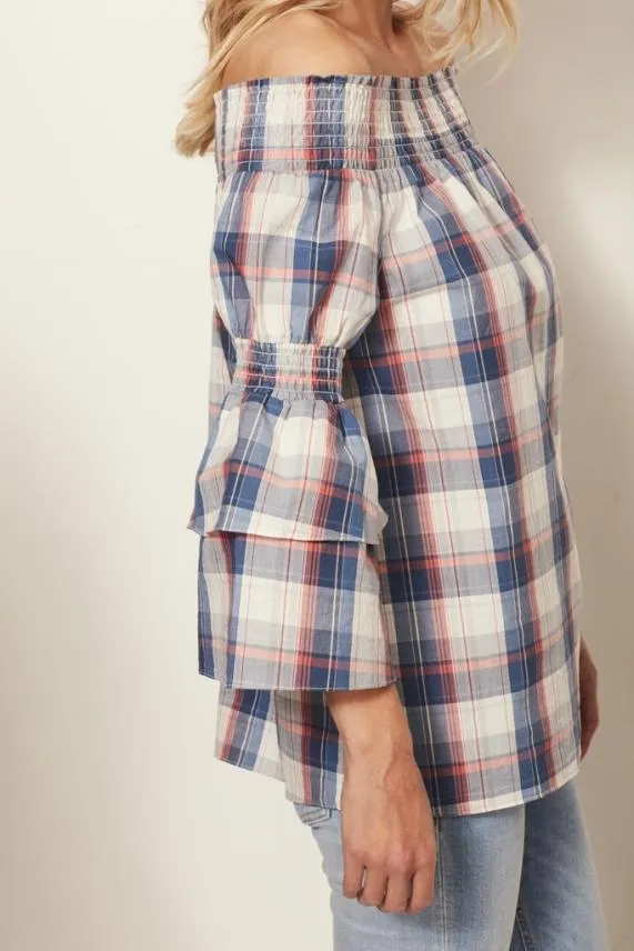 Sosandar Checked Bardot Top Women Tops