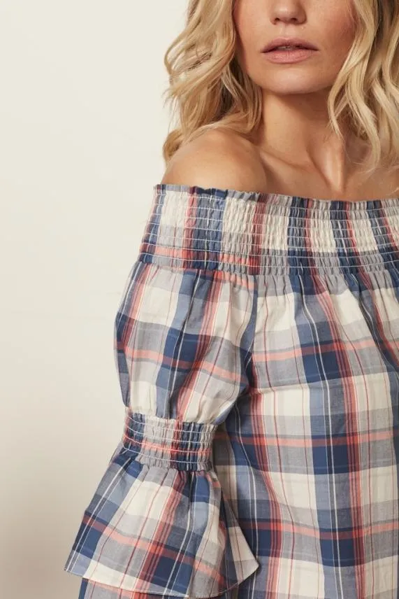 Sosandar Checked Bardot Top Women Tops