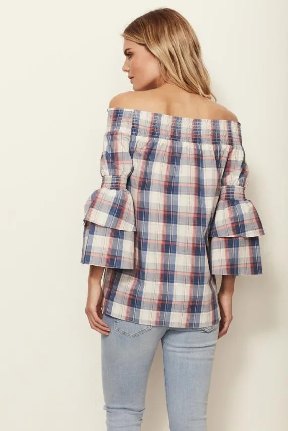 Sosandar Checked Bardot Top Women Tops
