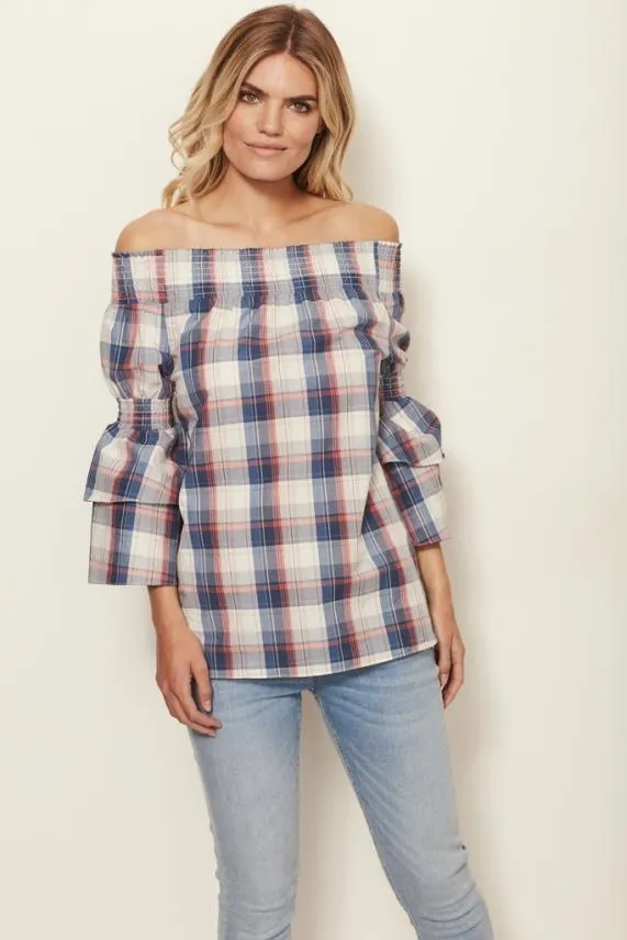 Sosandar Checked Bardot Top Women Tops