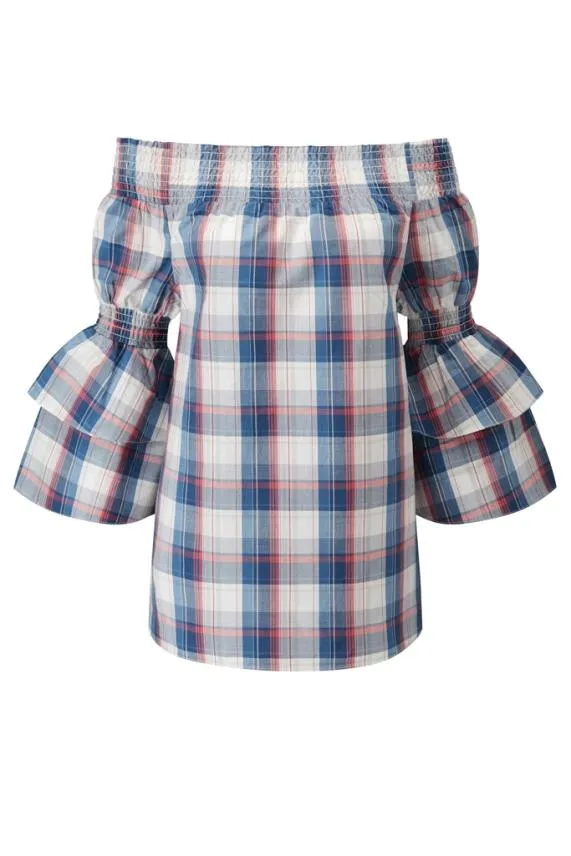Sosandar Checked Bardot Top Women Tops