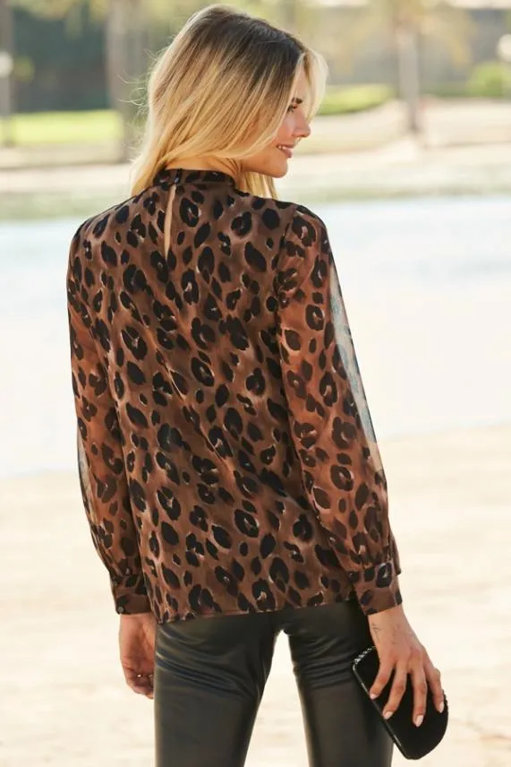 Sosandar Chocolate Animal Print High Neck Top Women Tops