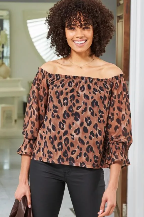 Sosandar Chocolate Animal Print Sheer Sleeve Bardot Top Women Tops