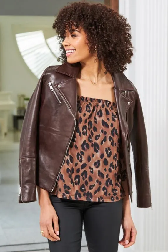 Sosandar Chocolate Animal Print Sheer Sleeve Bardot Top Women Tops