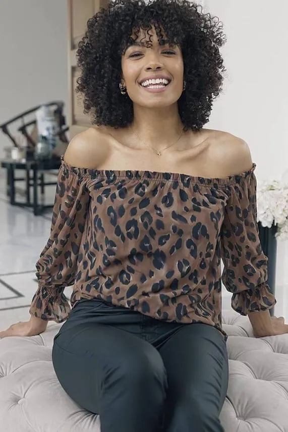 Sosandar Chocolate Animal Print Sheer Sleeve Bardot Top Women Tops