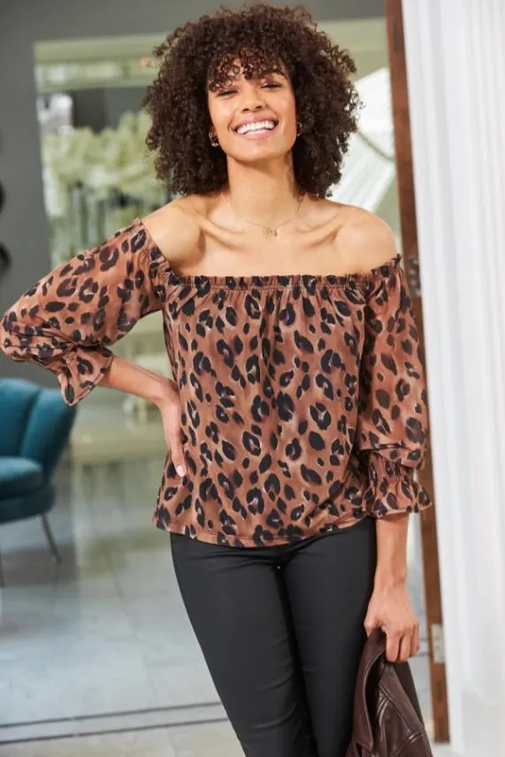 Sosandar Chocolate Animal Print Sheer Sleeve Bardot Top Women Tops