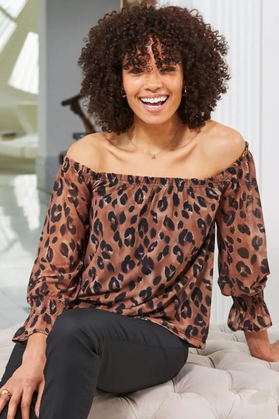 Sosandar Chocolate Animal Print Sheer Sleeve Bardot Top Women Tops