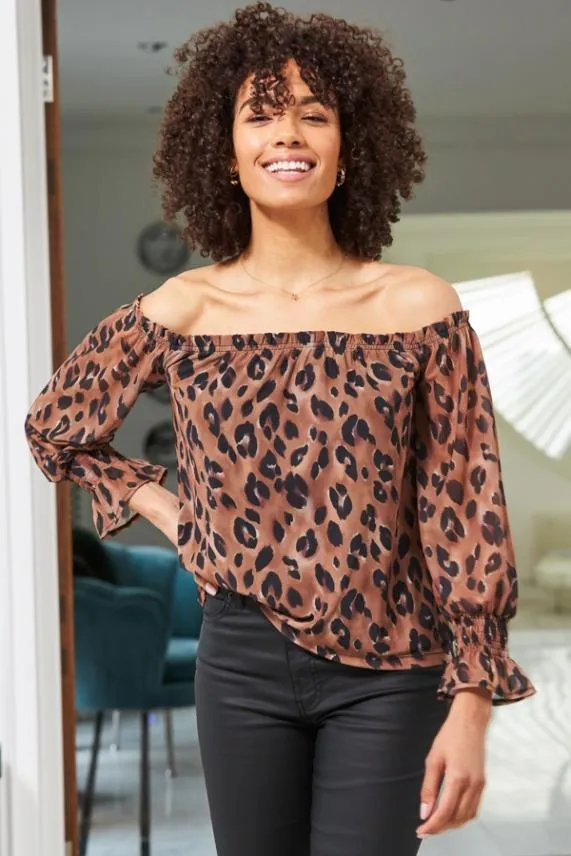 Sosandar Chocolate Animal Print Sheer Sleeve Bardot Top Women Tops