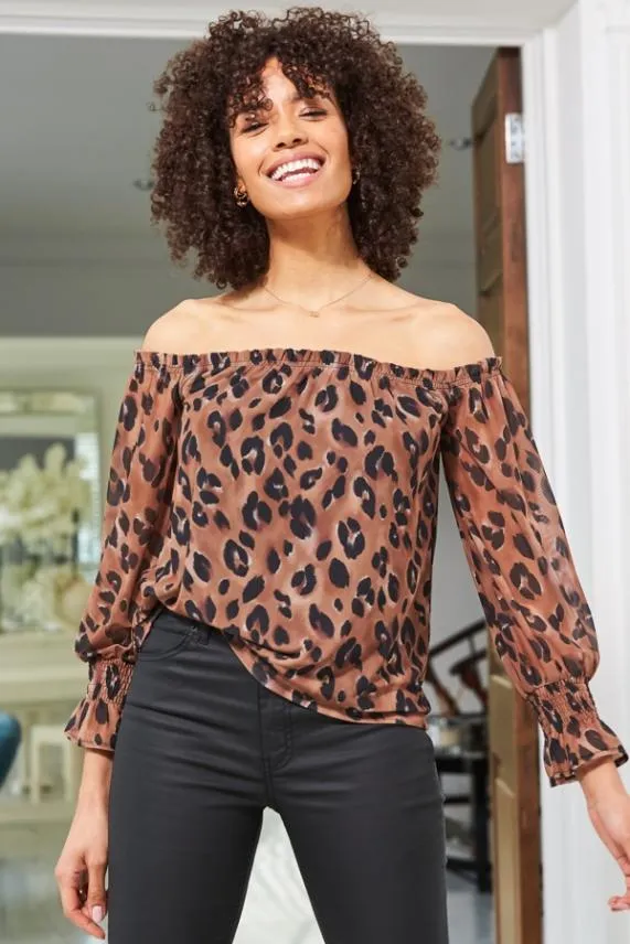 Sosandar Chocolate Animal Print Sheer Sleeve Bardot Top Women Tops
