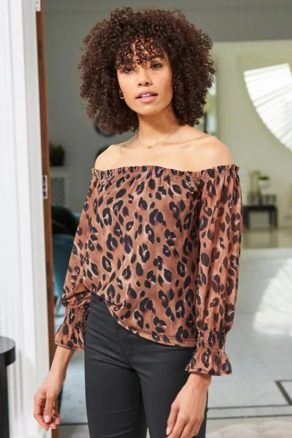 Sosandar Chocolate Animal Print Sheer Sleeve Bardot Top Women Tops
