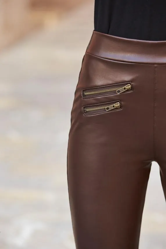 Sosandar Chocolate Brown Leather Look Premium Leggings Chocolate Brown Women Trousers and Leggings