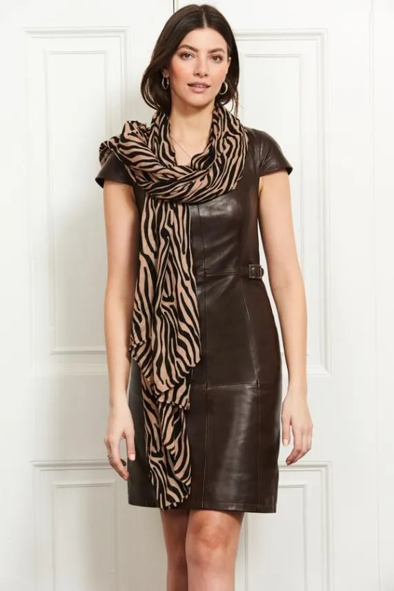 Sosandar Chocolate Leather Square Neck Buckle Detail Dress Women Dresses