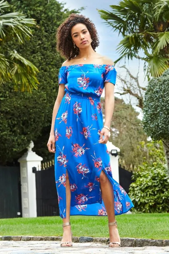 Sosandar Cobalt Blue Floral Print Split Detail Bardot Maxi Dress Cobalt Blue Women Dresses Sosandar Cobalt Blue Floral Print Split Detail Bardot Maxi Dress Cobalt Blue Women Dresses