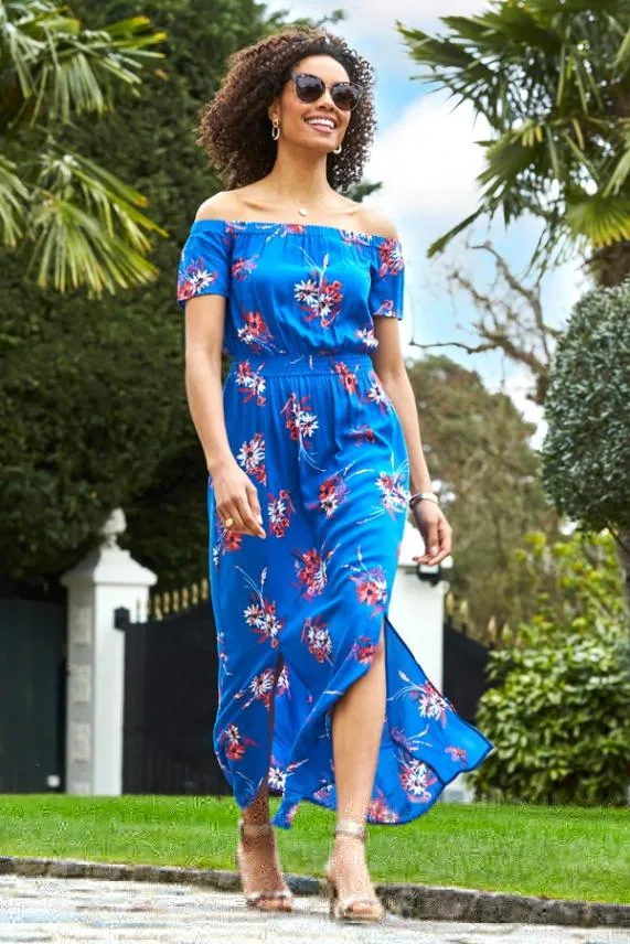 Sosandar Cobalt Blue Floral Print Split Detail Bardot Maxi Dress Cobalt Blue Women Dresses