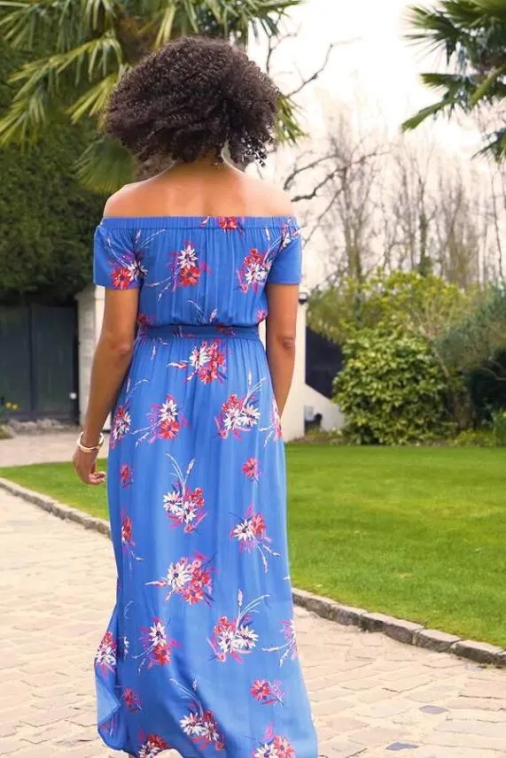 Sosandar Cobalt Blue Floral Print Split Detail Bardot Maxi Dress Cobalt Blue Women Dresses