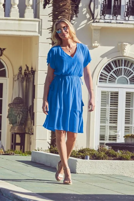 Sosandar Cobalt Blue Split Detail Tie Waist Dress Cobalt Blue Women Dresses