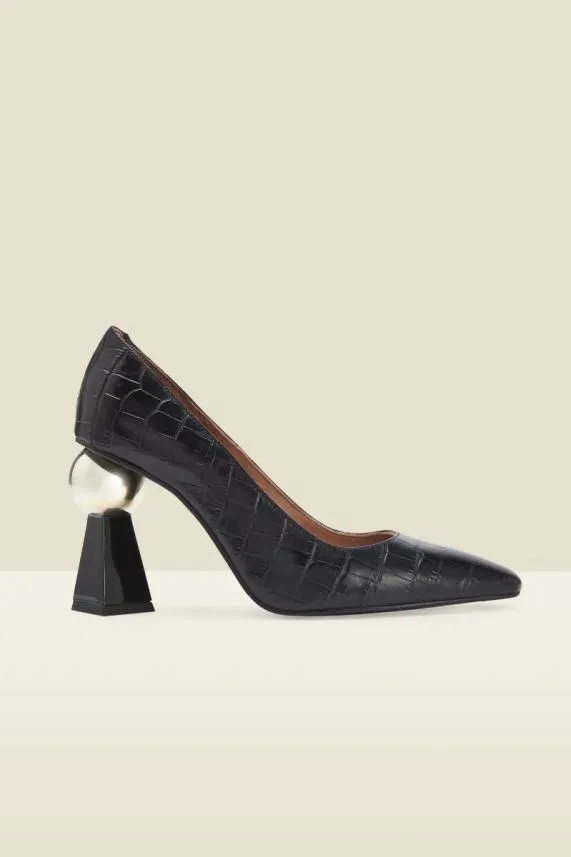 Sosandar Coco Black Croc Leather Geometric Block Heel Court Shoe Black Women Heels