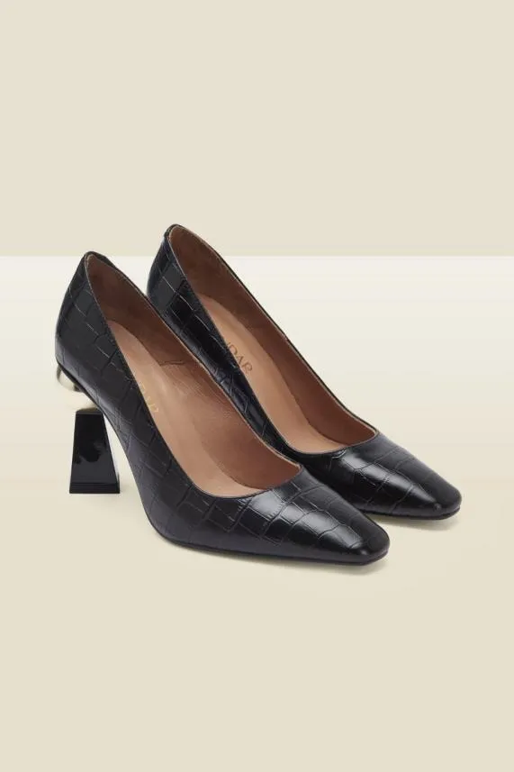 Sosandar Coco Black Croc Leather Geometric Block Heel Court Shoe Black Women Heels