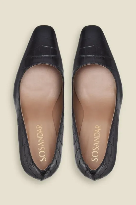 Sosandar Coco Black Croc Leather Geometric Block Heel Court Shoe Black Women Heels