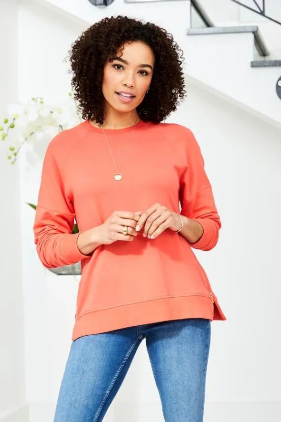 Sosandar Coral Premium Sweatshirt With Rose Gold Side Zips Coral Women Loungewear Sosandar Coral Premium Sweatshirt With Rose Gold Side Zips Coral Women Loungewear