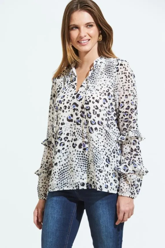 Sosandar Cream Abstract Animal Print Ruffle Sleeve Top Cream Women Tops