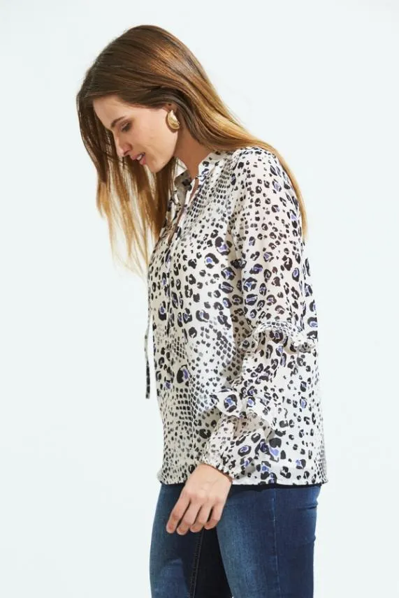 Sosandar Cream Abstract Animal Print Ruffle Sleeve Top Cream Women Tops