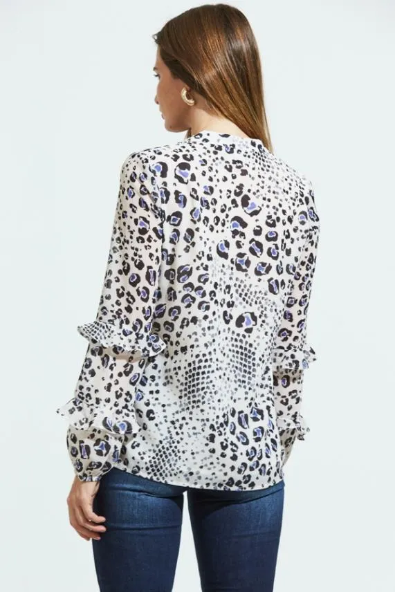 Sosandar Cream Abstract Animal Print Ruffle Sleeve Top Cream Women Tops