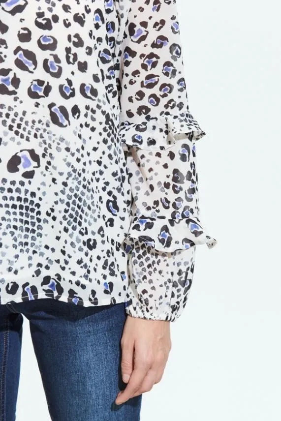 Sosandar Cream Abstract Animal Print Ruffle Sleeve Top Cream Women Tops