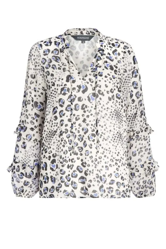Sosandar Cream Abstract Animal Print Ruffle Sleeve Top Cream Women Tops