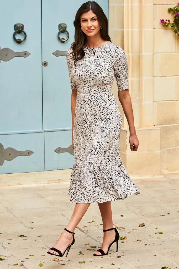 Sosandar Cream and Black Animal Print Tie Back Midi Dress Cream Black Women Dresses Sosandar Cream and Black Animal Print Tie Back Midi Dress Cream Black Women Dresses