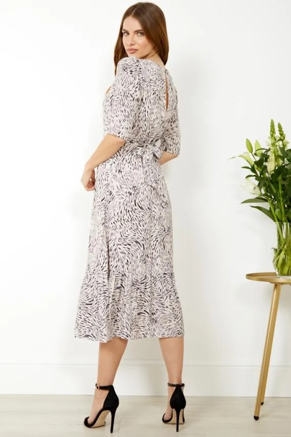 Sosandar Cream and Black Animal Print Tie Back Midi Dress Cream Black Women Dresses