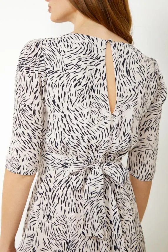 Sosandar Cream and Black Animal Print Tie Back Midi Dress Cream Black Women Dresses