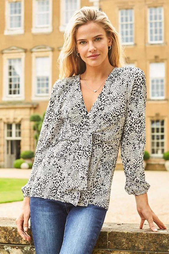 Sosandar Cream and Black Animal Print Tie Front Top Cream Black Women Tops