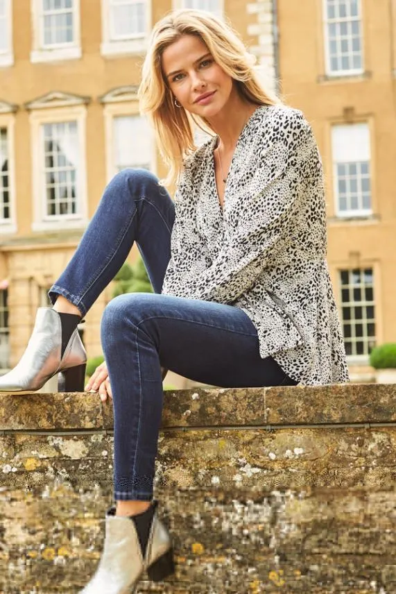 Sosandar Cream and Black Animal Print Tie Front Top Cream Black Women Tops