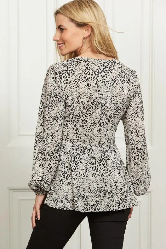Sosandar Cream and Black Animal Print Tie Front Top Cream Black Women Tops