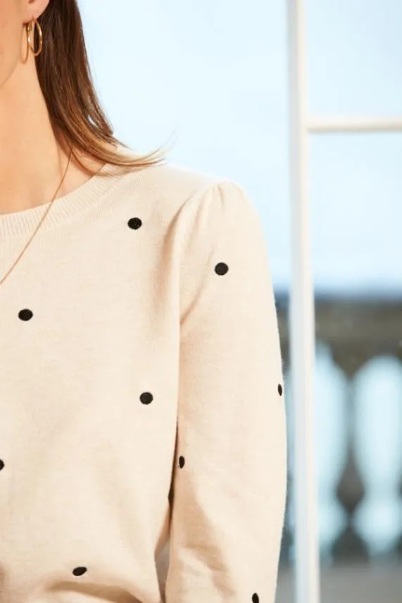 Sosandar Cream and Black Polka Dot Print Jumper Cream Black Women Knitwear