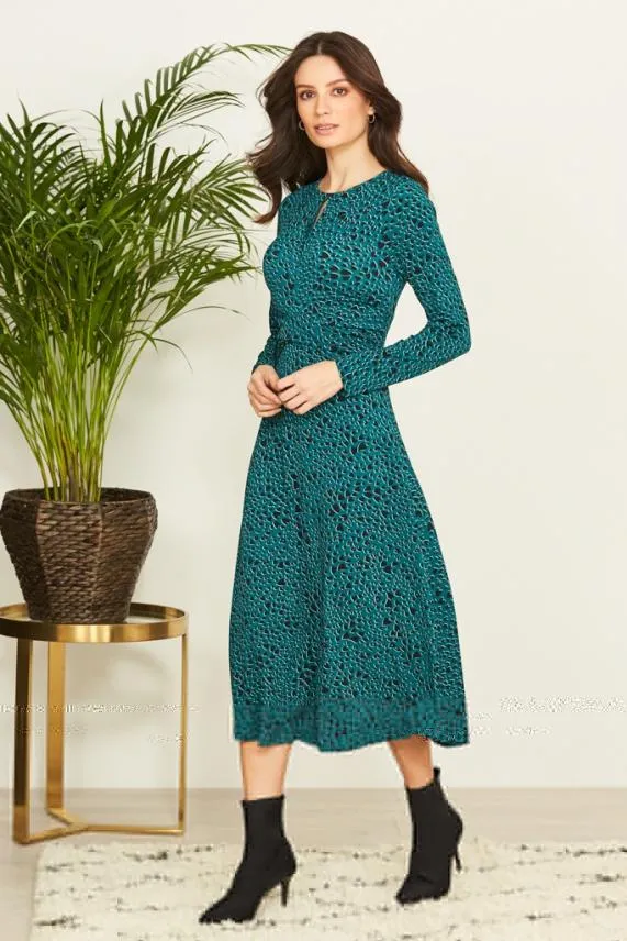 Sosandar Dark Aqua Heart Print Twist Front Slinky Dress Women Dresses