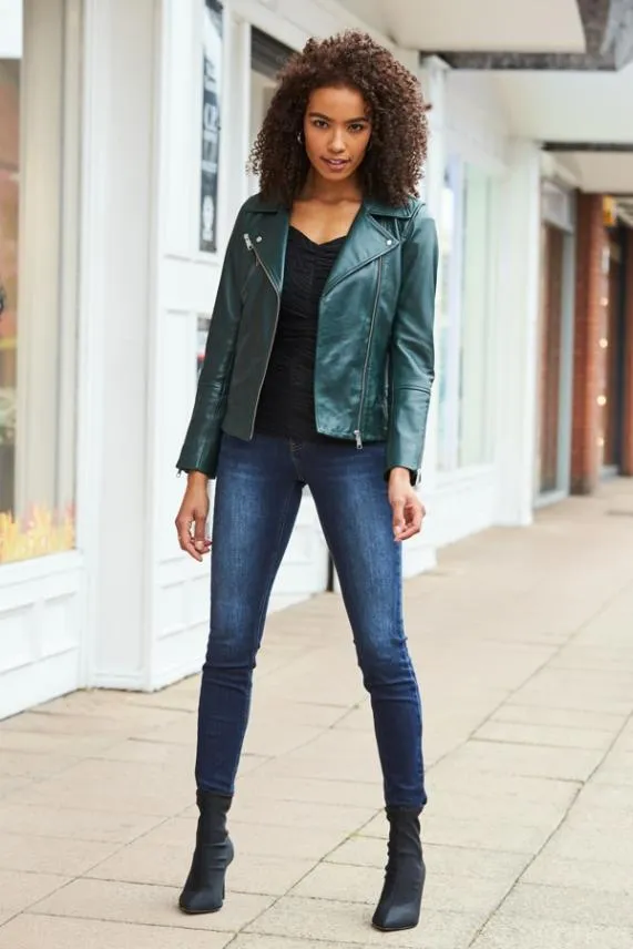 Sosandar Dark Green Leather Biker Jacket Dark Green Women Jackets and Coats